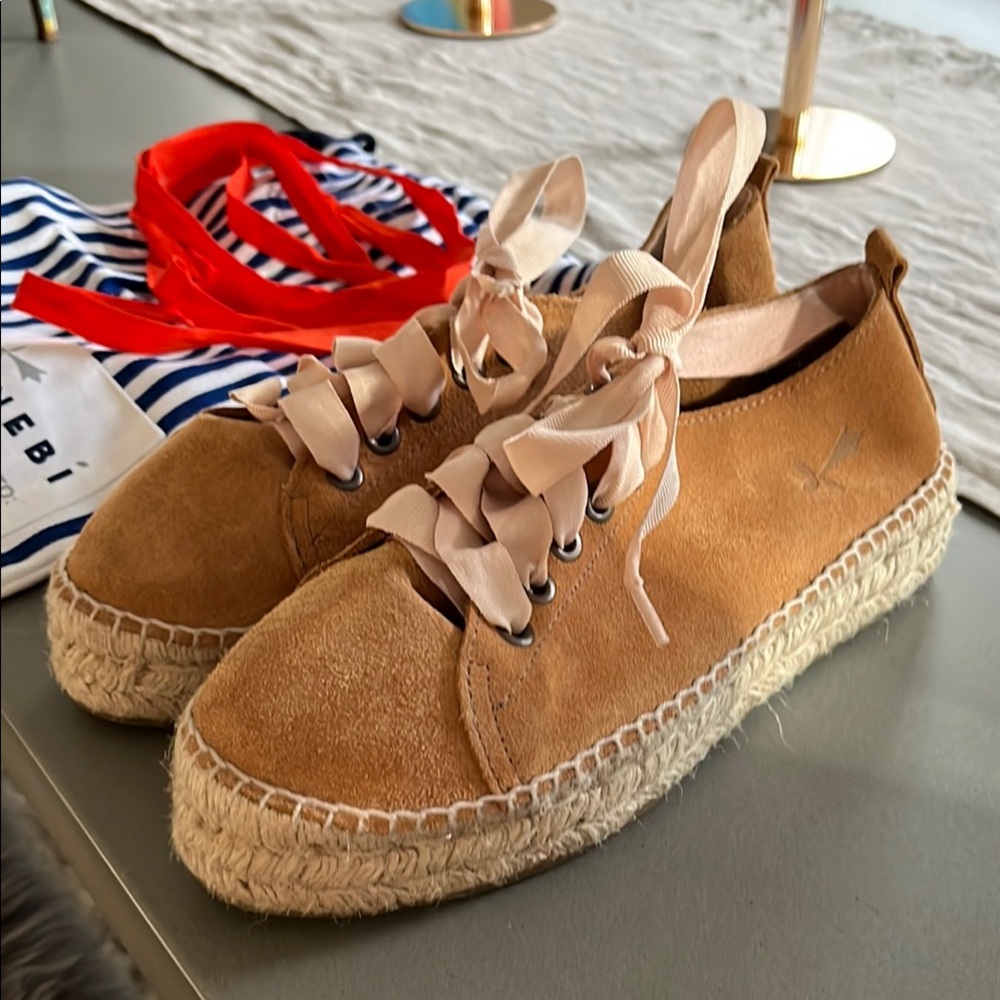 Manebi Rocky Barnes Tan Espadrille Shoes with Jute Platform